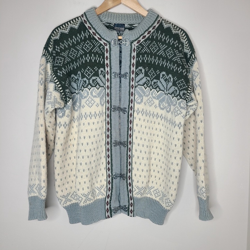 DALE OF NORWAY Fair Isle Wool Knit Clasp Ski Cardigan Sweater Cream Green US L‎